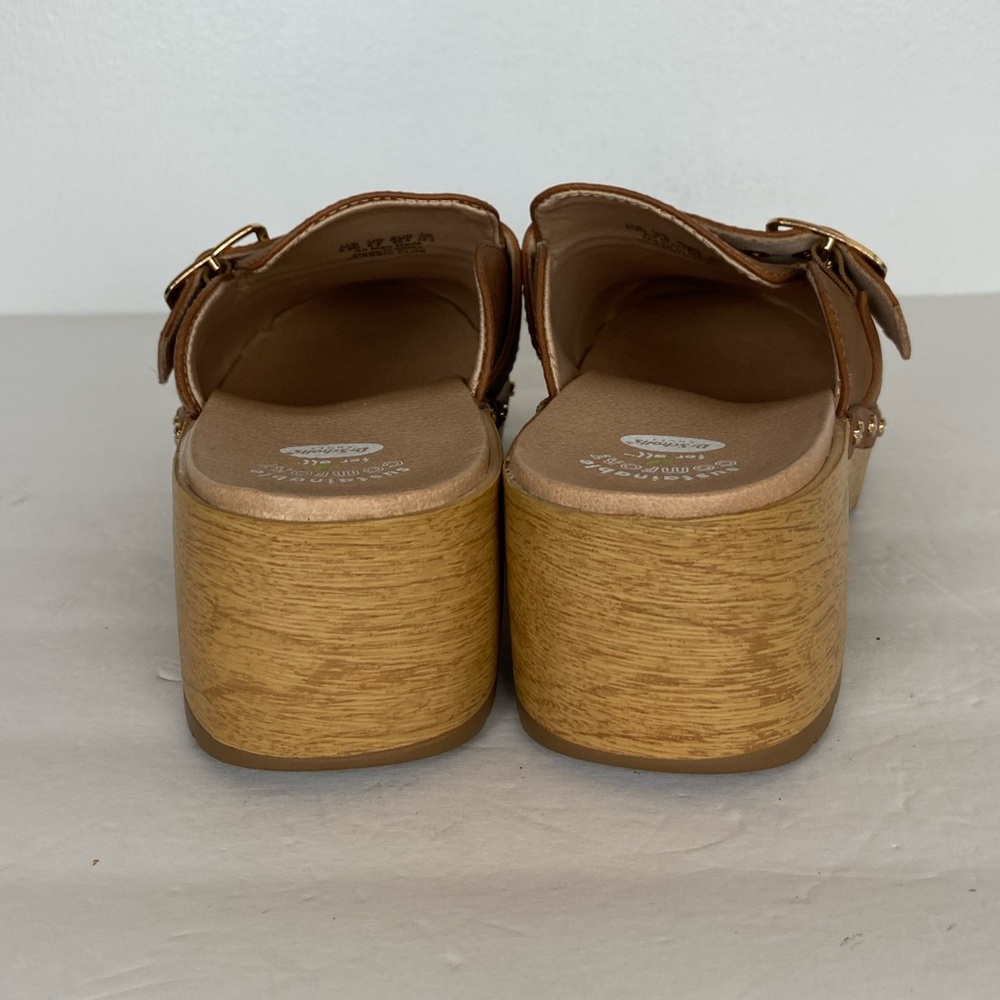 Dr. Scholl's Brown Leather Clog Mules with Gold Buckle - Picture 6 of 12